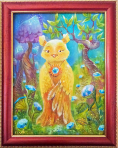 Картина "Таинственная гостья". Фентези арт с совой, волшебный лес с кристаллами-цветами