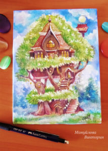 Картина "Домик на дереве". Сказочная живопись Виктории Мануйловой