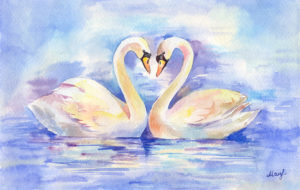 Акварельная картина с лебедями "Вместе навсегда". Подойдет для украшения спальни и привлечения любви и понимания к своей хозяйки